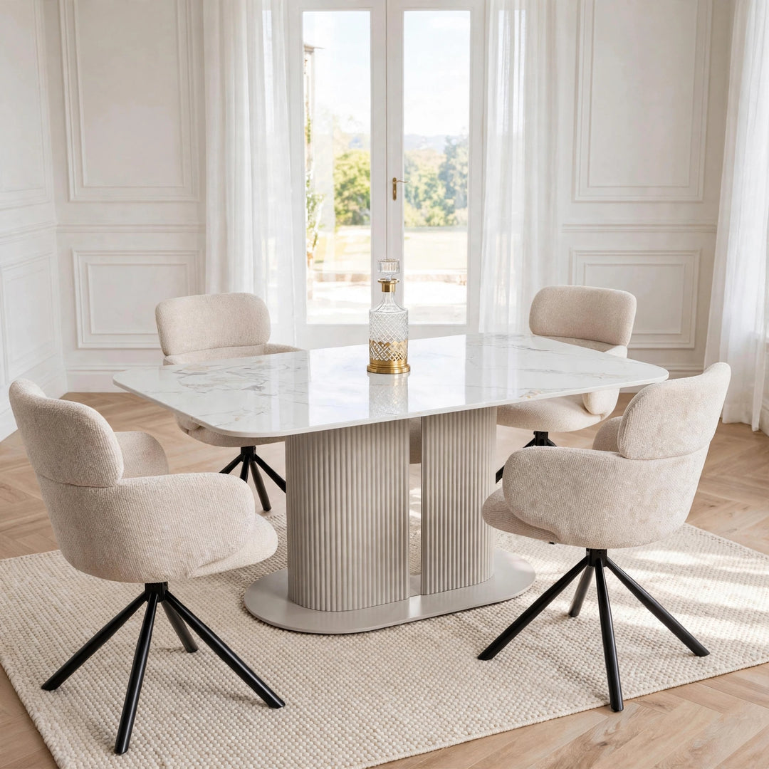 Alasgar Marble Dining Table 160cm White & Cream Pedestal Table with Tuscany Beige 360 Swivel Chair Velvet Swivel Chairs Dining Set