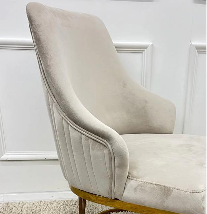 Sorrento White Marble Dining Table Gold + Lasco Mink And Gold Dining chairs