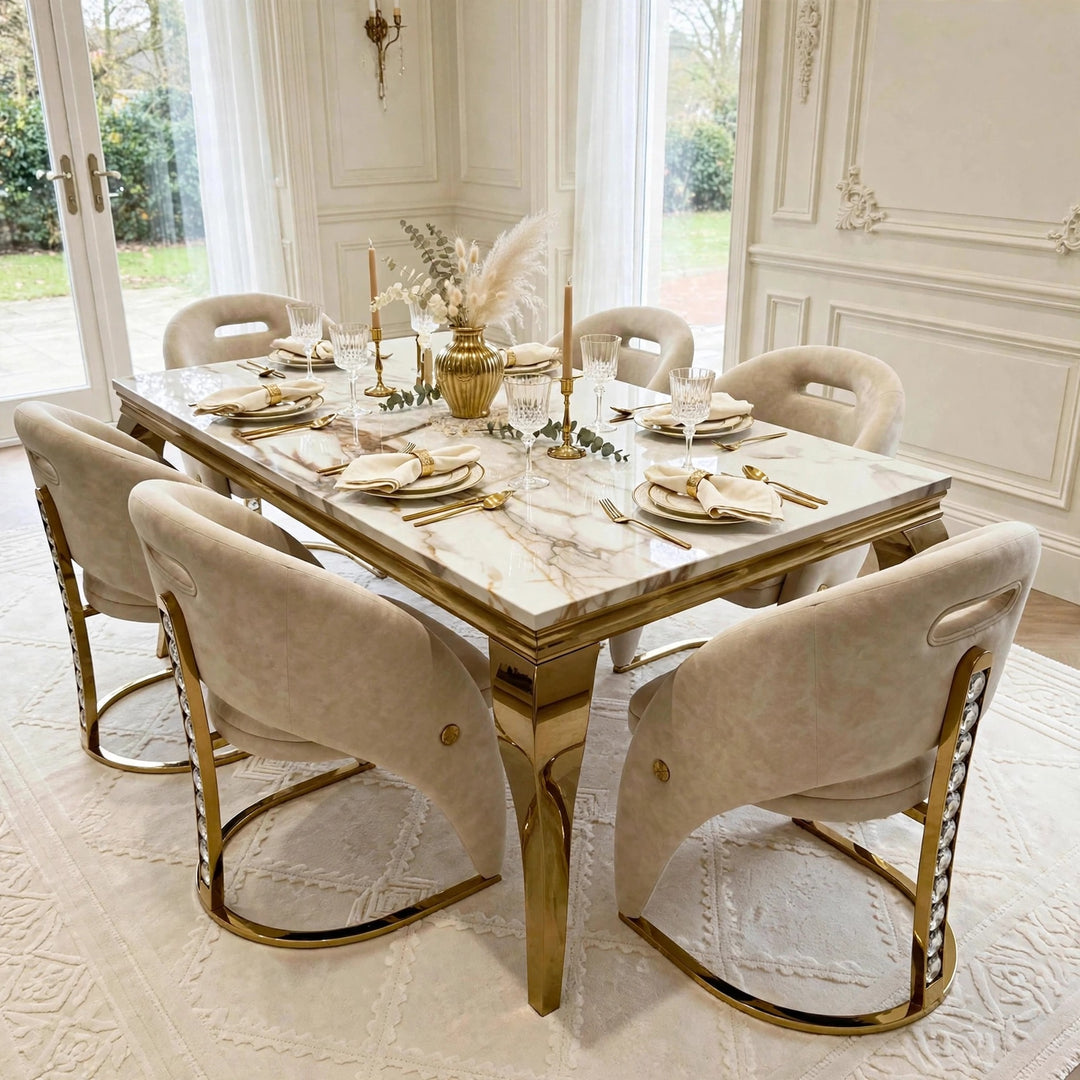 Louise White & Gold Marble Dining Table with Rome Cream & Gold Crystal Velvet Dining Chairs