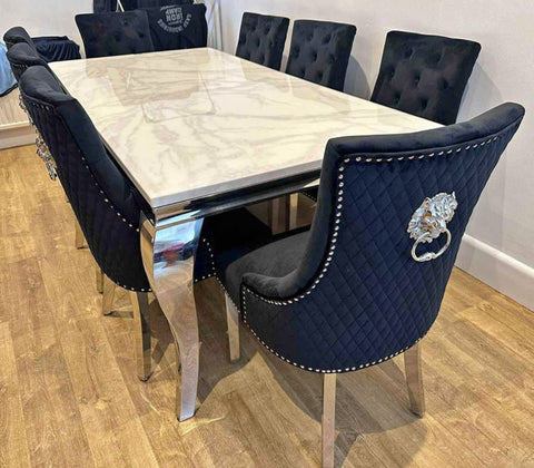 Louis Marble Dining Table + Majestic Lion Knocker Chairs