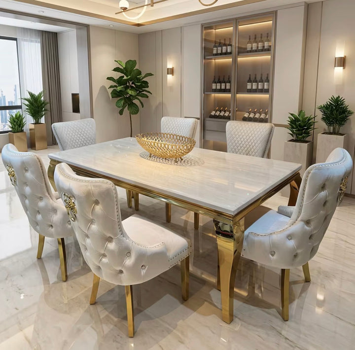 Louise Cream And Gold Marble Dining Table + Victoria Gold Dining Chairs Cream & Gold Lion Knocker