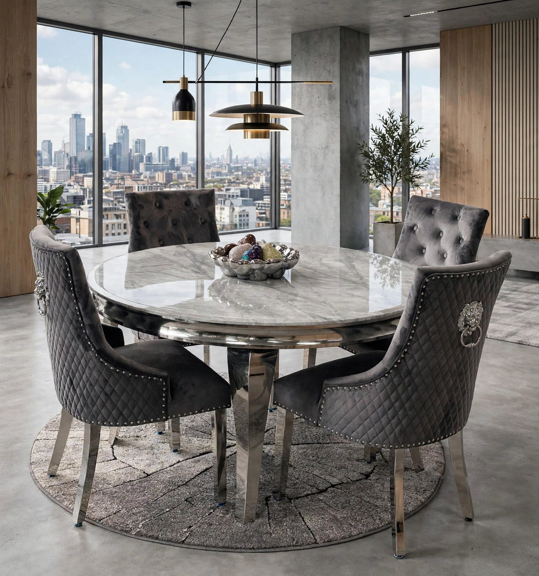 110cm Round Light Grey Marble Dining Table with Dark Grey Velvet Lion Knocker Chair