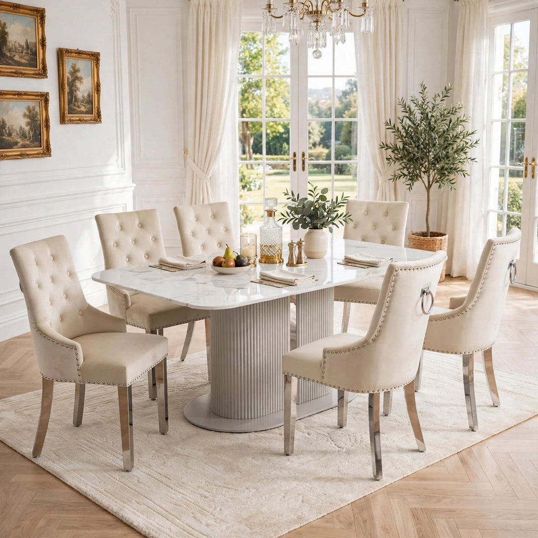 Alasgar 160cm Cream Marble Dining Table with 6 Mink Velvet Chairs – Luxury Pedestal Dining Set