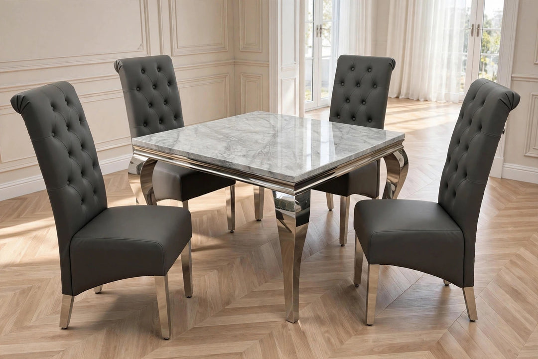 1M Square Table with 4 dark grey leather chairs