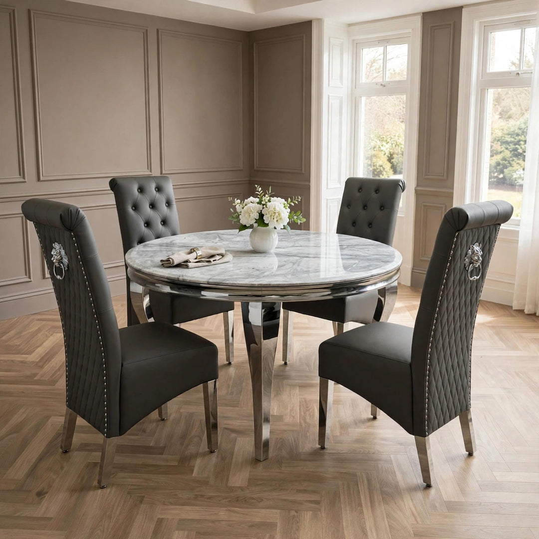 1.1M & 1.3M Round Grey Marble Dining Table + Sofia Grey Pu leather Lion knocker Chairs