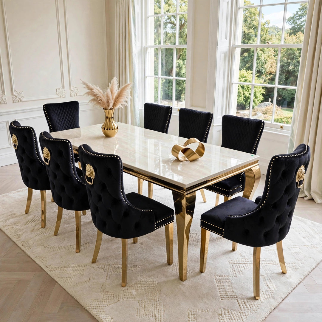Louis Cream Gold Marble Dining Table + Victoria Black And Gold Dining Chairs Lion Knocker