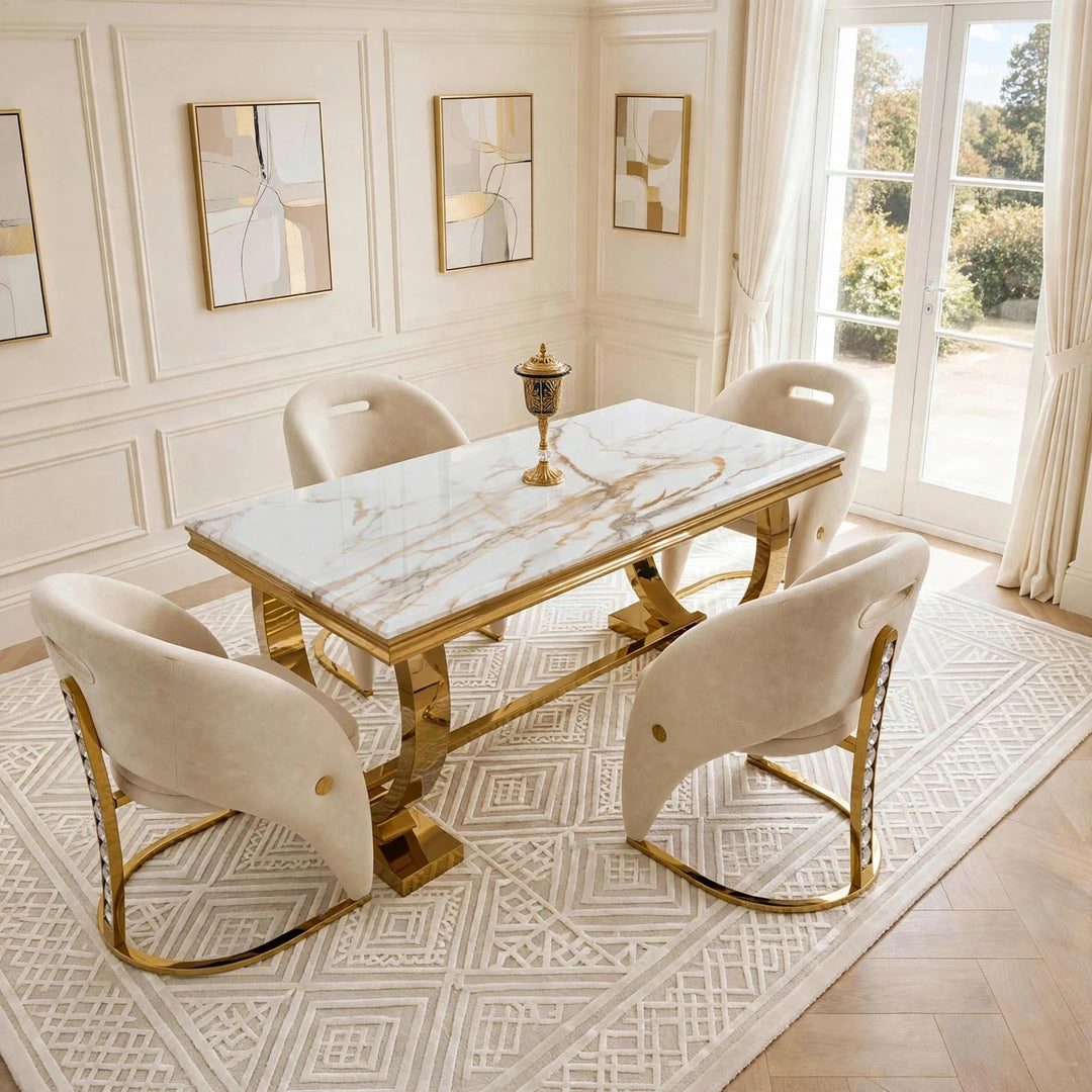 Arriana White & Gold Marble Dining Table with Rome Cream & Gold Crystal Velvet Chairs