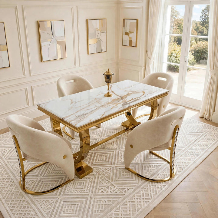 Arriana White & Gold Marble Dining Table with Rome Cream & Gold Crystal Velvet Chairs