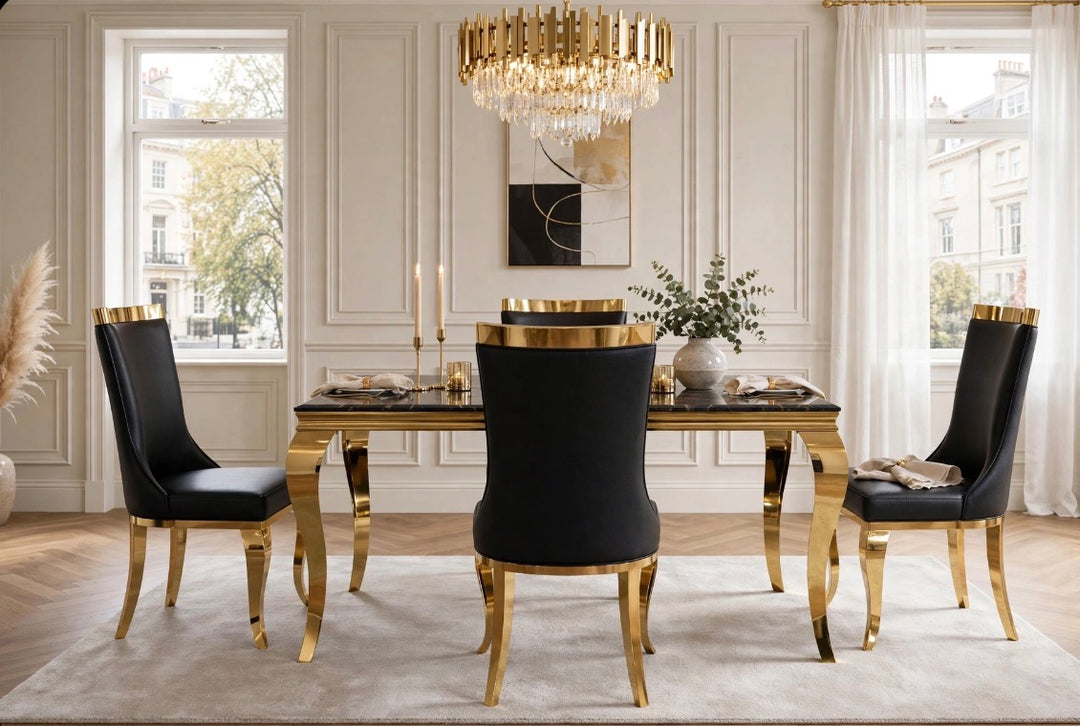 Louise Cream & Gold Marble Dining Table with Roxby Cream & Gold Dining Chairs
