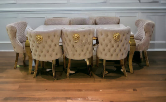 Louis Gold Marble Dining Table + Valentino Gold Dining chairs Lion knocker Mink