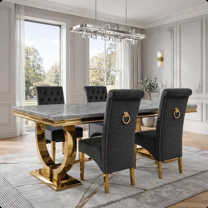 Arianna Light Grey Gold Marble Dining Table with Grey And Gold Lucy Velvet Dining Chairs