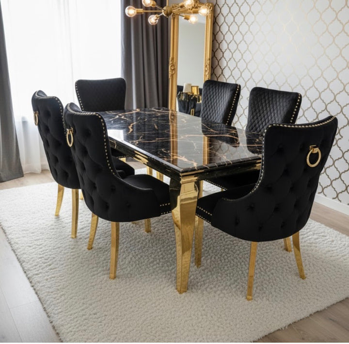 Louise Black And Gold Marble Dining Table + Victoria Black And Gold Dining Chairs Ring Knocker