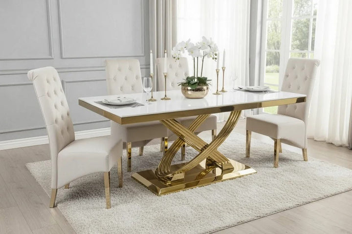 Rose Marble Dining Table Cream And Gold + Sofia Cream And Gold Dining Chairs