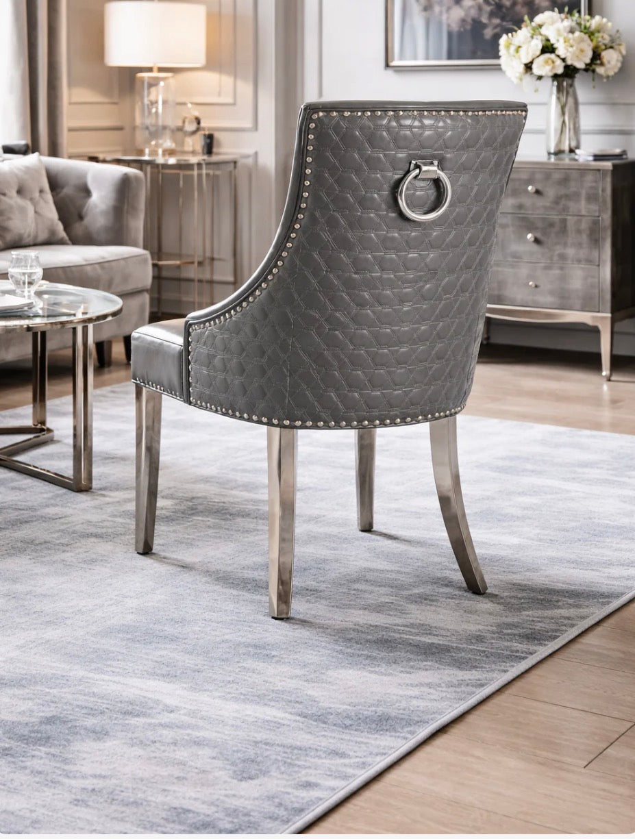 Pair of 2 | Roma Dark Grey PU Leather Dining Chair Ring Knocker