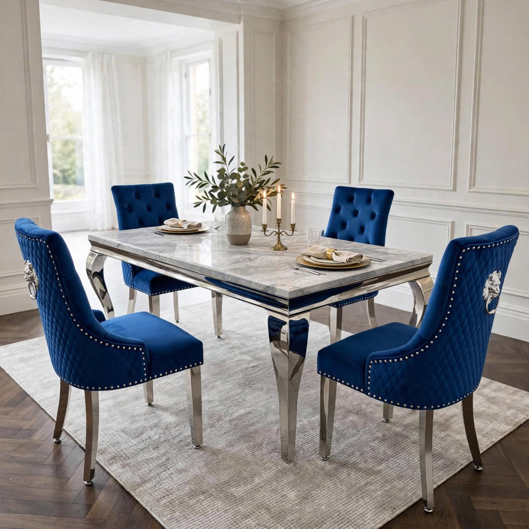 Louise Marble Dining Table with Majestic Blue Lion Knocker Chairs – Luxury Dining Set