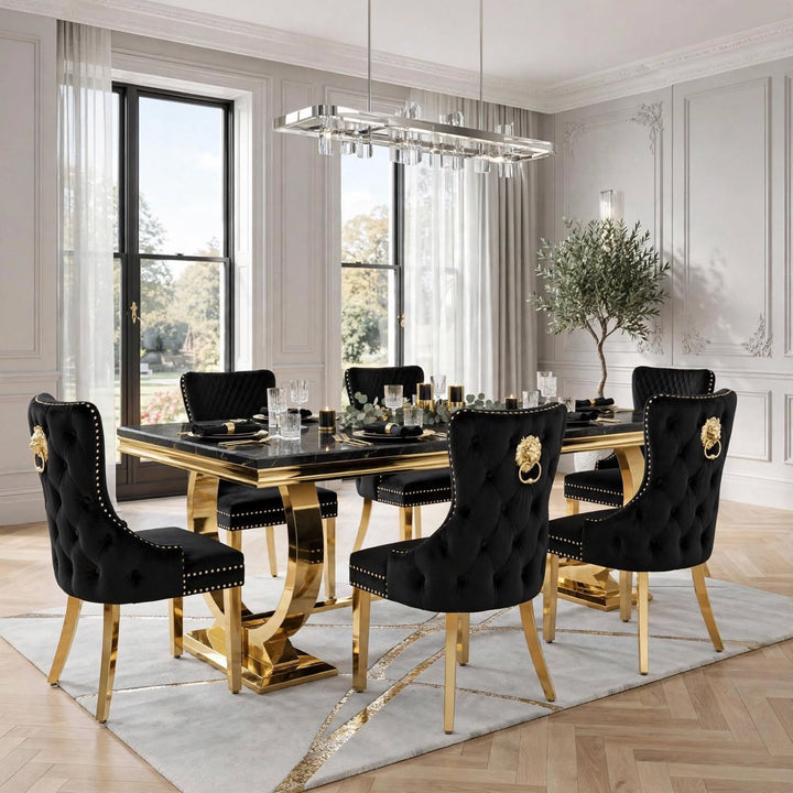 Arianna Black & Gold Marble Dining Table with Victoria Black & Gold Velvet Chairs