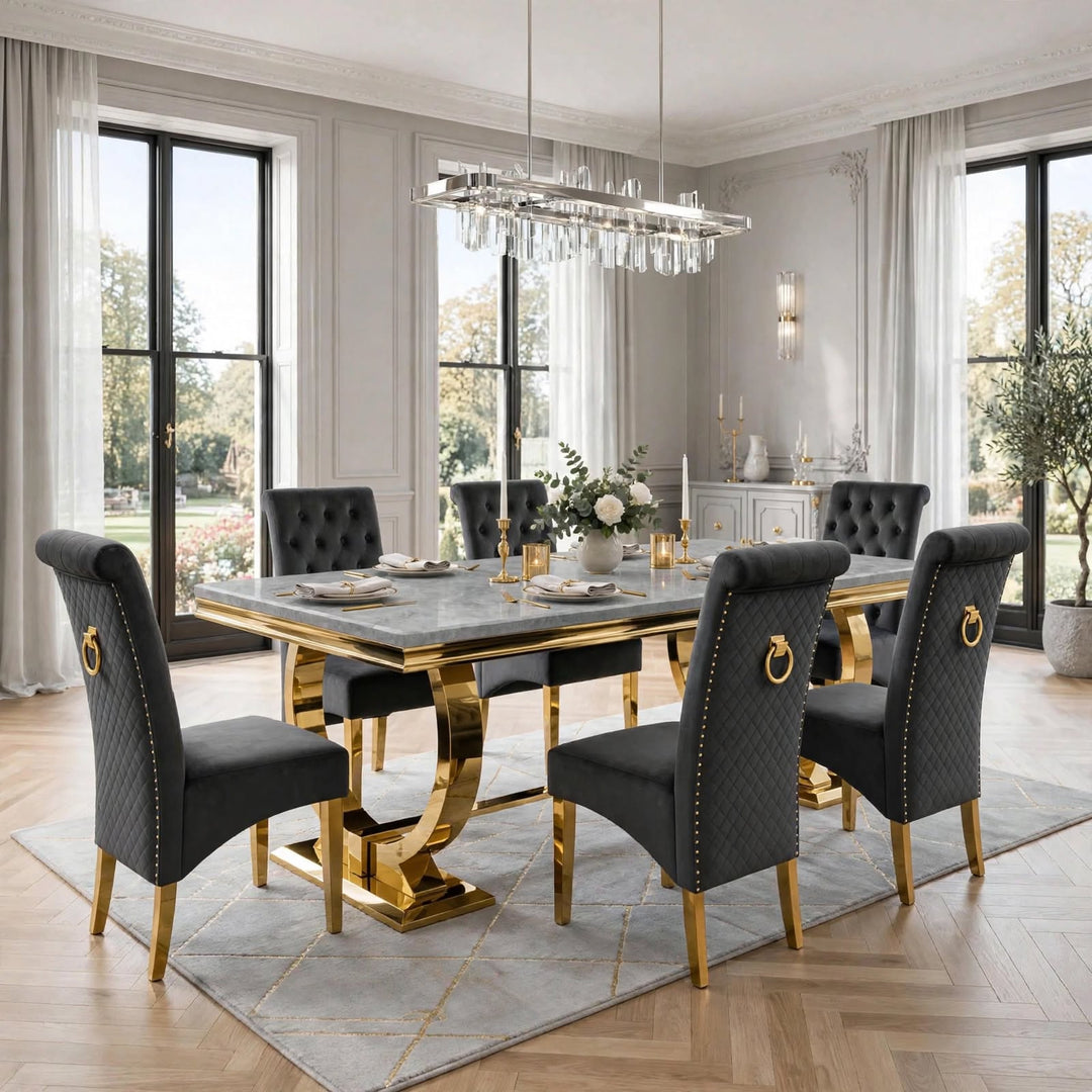 Arianna Light Grey Gold Marble Dining Table with Grey And Gold Lucy Velvet Dining Chairs