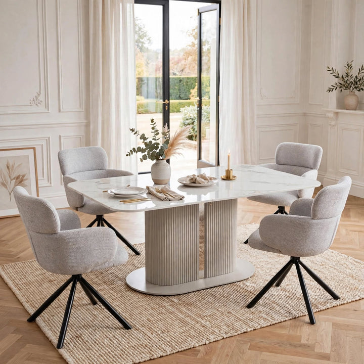 Alasgar Marble Dining Table 160cm White & Cream Pedestal Table with Tuscany Grey 360 Swivel Chair Velvet Swivel Chairs Dining Set