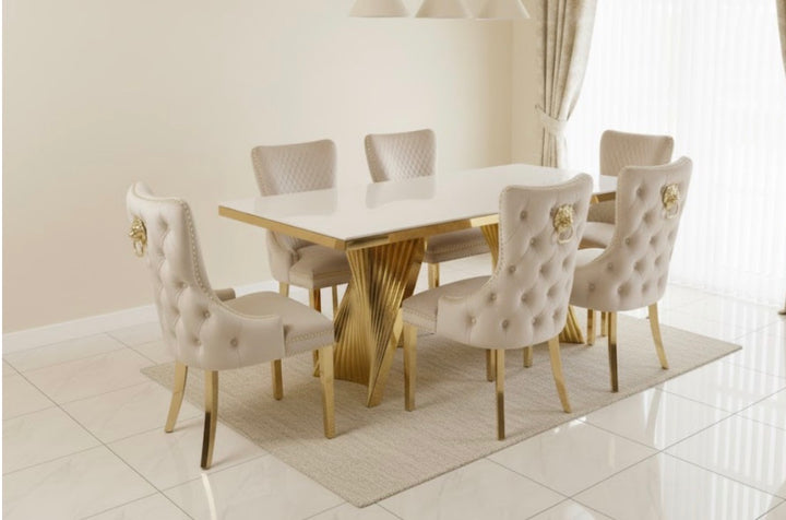 Rocco 180cm Cream Gold Dining Table With Victoria Cream Gold Lion knocker Dining Chairs