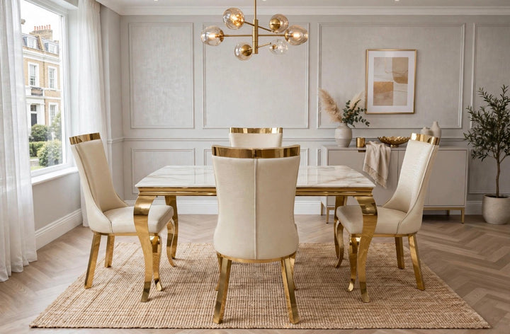 Louise Cream & Gold Marble Dining Table with Roxby Cream & Gold Dining Chairs