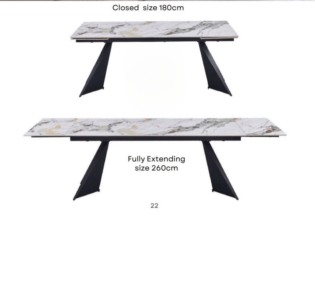 Chicago Extendable Dining Table 180–260cm Ceramic White Gold Top with Black Legs – Seats 4 to 12