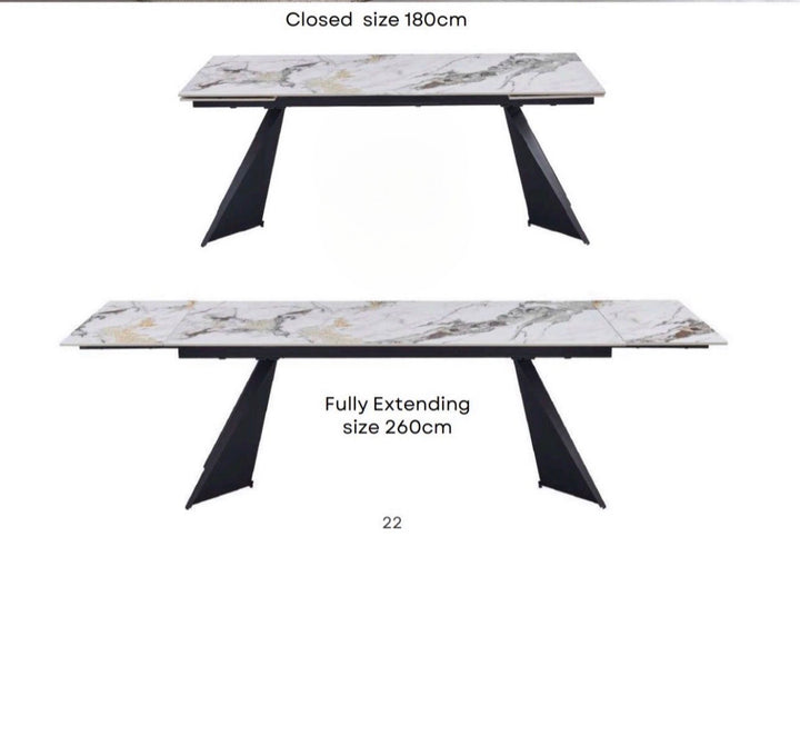 Chicago Extendable Dining Table 180–260cm Ceramic White Gold Top with Black Legs – Seats 4 to 12