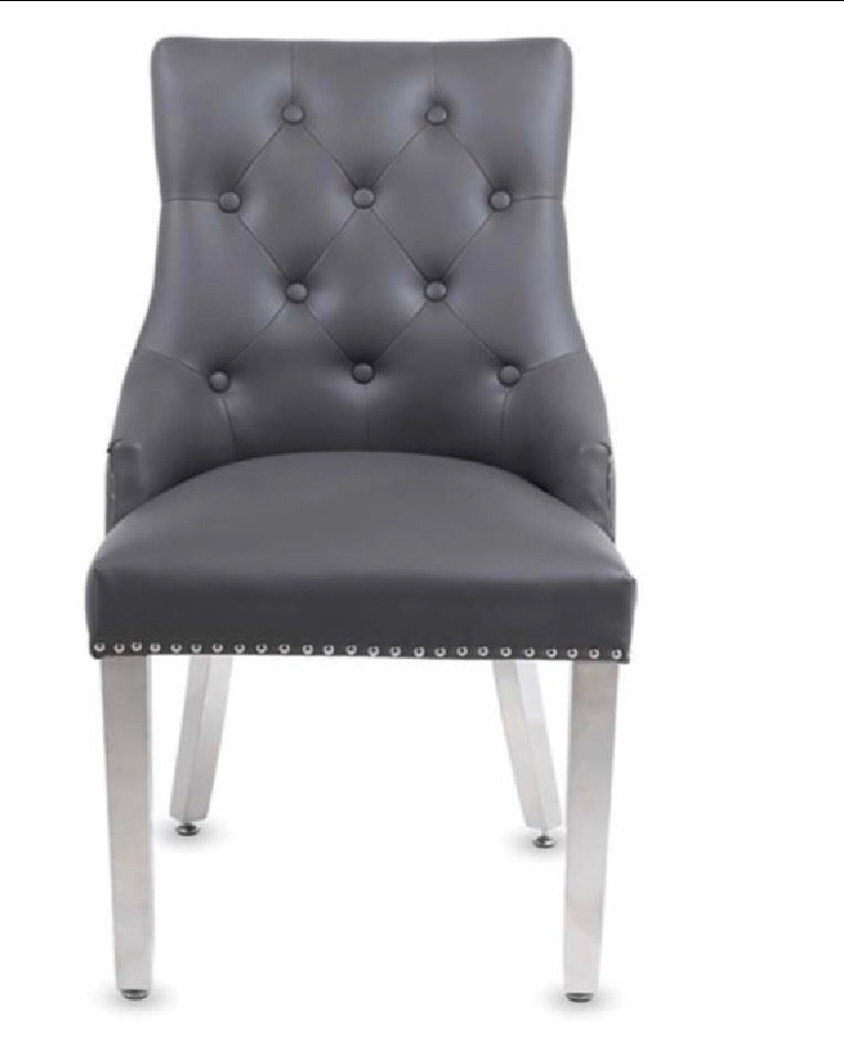 Arianna Grey Marble Dining Table with Dark Grey PU Leather Dining Chairs Ring Knocker– Modern Luxury Dining Set