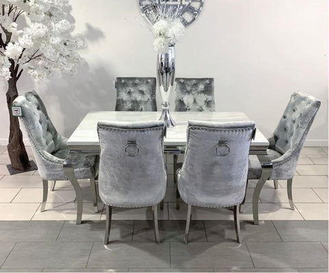 2M Louis Table Grey With 8 Silver Grey Chairs Ring Knocker + King Size Cream Bed With Gas Lift Storage