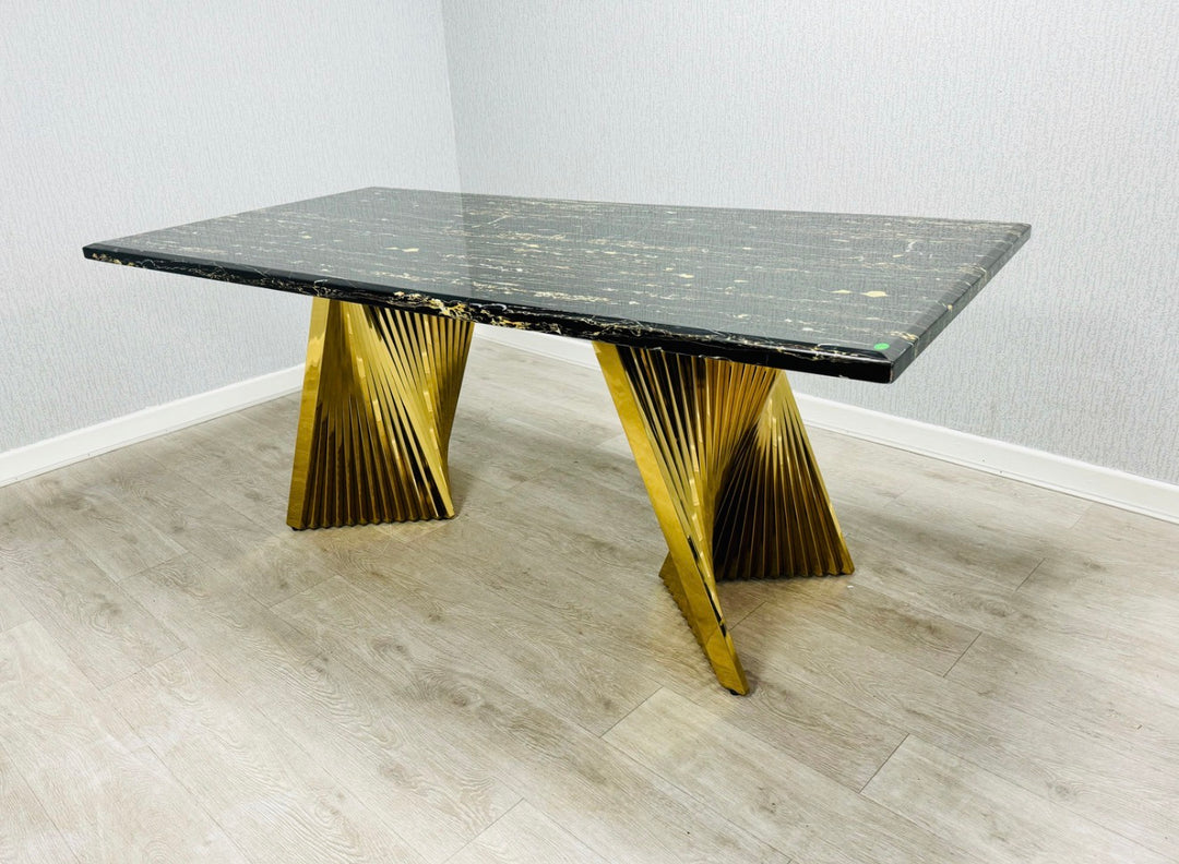 Rocco Marble Black & Gold Dining Table Set with Vienna Black & Gold Chairs – Luxury Marble Dining Set (160cm & 180cm)