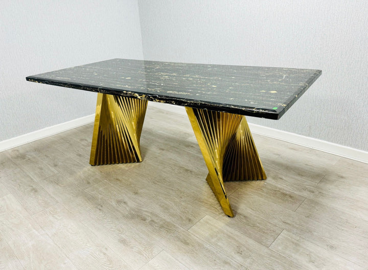 Rocco Marble Black & Gold Dining Table Set with Vienna Black & Gold Chairs – Luxury Marble Dining Set (160cm & 180cm)