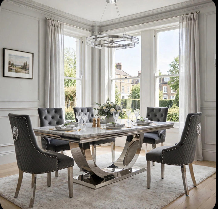 London Light Grey Marble Dining Table with Dark Grey Lion Knocker Chairs