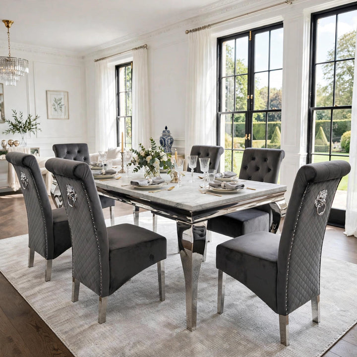 Louise Light Grey Marble Dining Table with Dark Grey Velvet Chairs – 4, 6 & 8 Seater