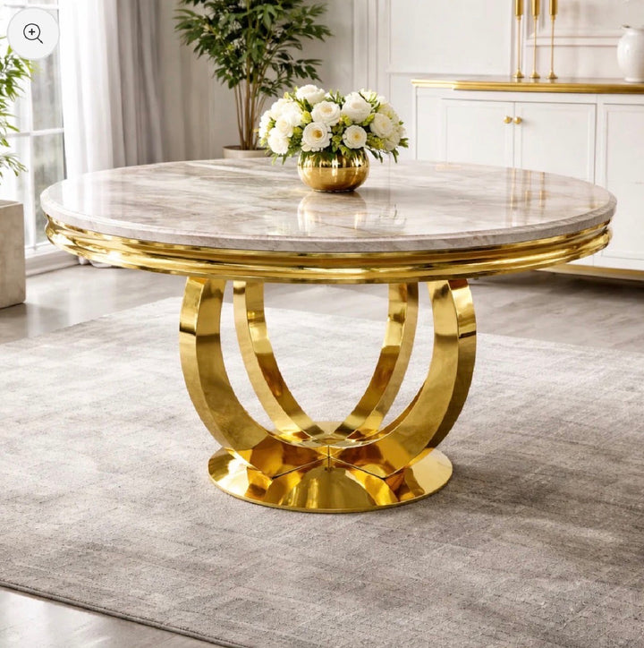 130cm Chelsea Round Dining Table with Rome Crystal Chairs – Black & Gold | Luxury Dining Set