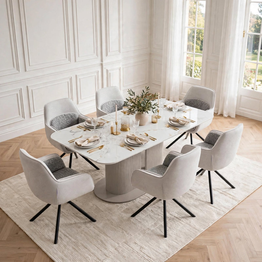 Alasgar Marble Dining Table 160cm White & Cream Pedestal Table with Florence 360 Grey Velvet Swivel Chairs Dining Set