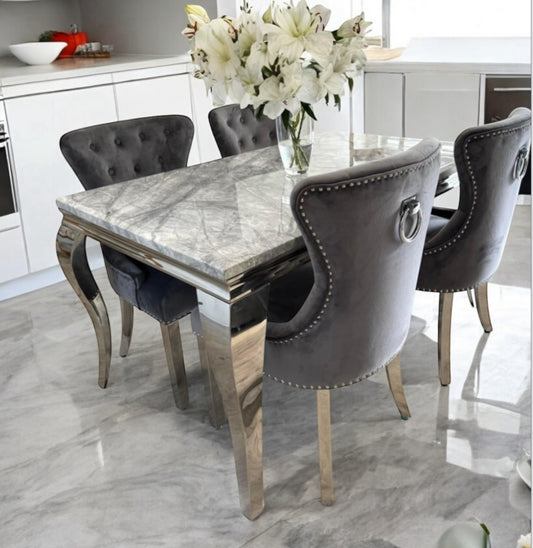 Louis 180cm Grey Marble Dining Table + Megan Dark Grey Knocker Plush Velvet Chairs