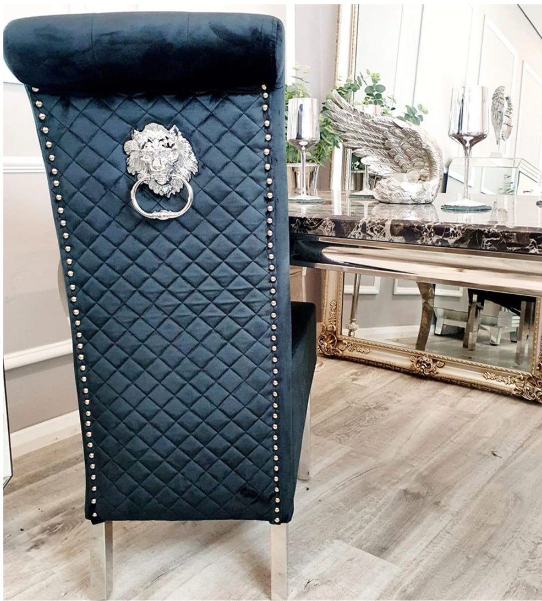 Louis Black Marble Dining Table With Black Sofia Chairs With Lion Knocker