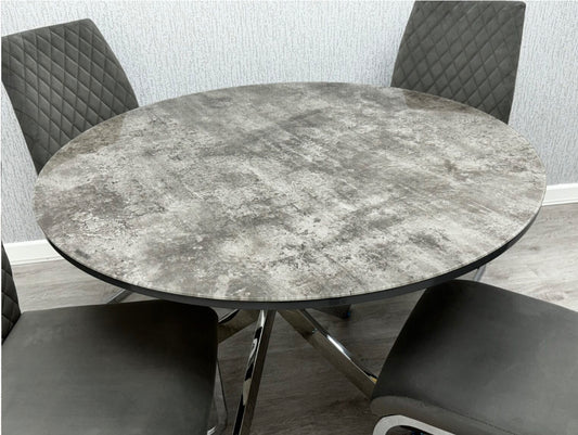 Round Dining Set Tokyo Table & 4 Dark Grey Chairs Grey Stone Effect Glass Table Top
