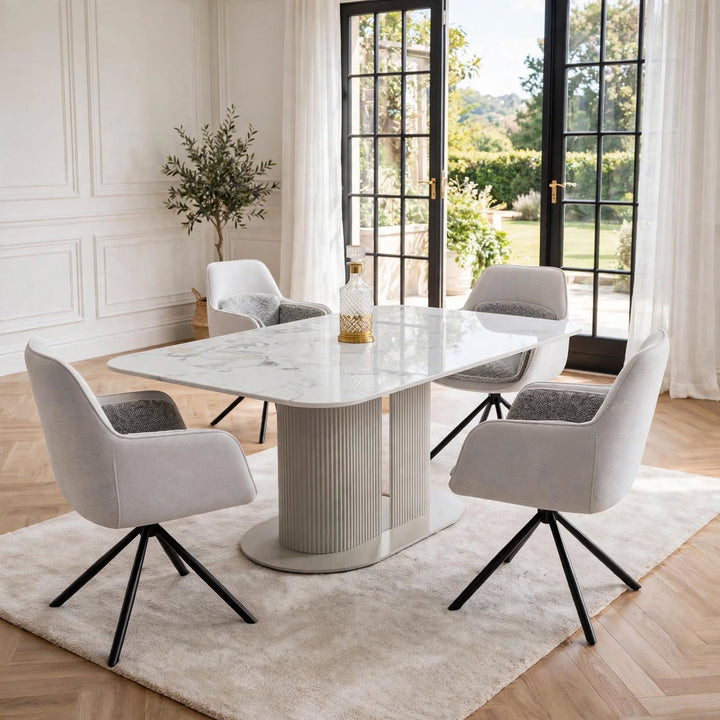 Alasgar Marble Dining Table 160cm White & Cream Pedestal Table with Florence 360 Grey Velvet Swivel Chairs Dining Set