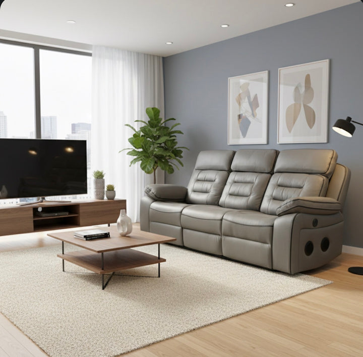Hifsa 3 Seater Grey Leather Electric Recliner Sofa with Cup Holders,Speaker, LED Lights & Wireless Charger, USB Port