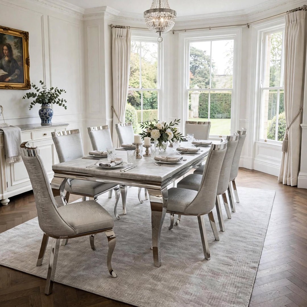 Louise Marble Dining Table & Roxby Silver Dining Chairs | Modern Marble Dining Set UK