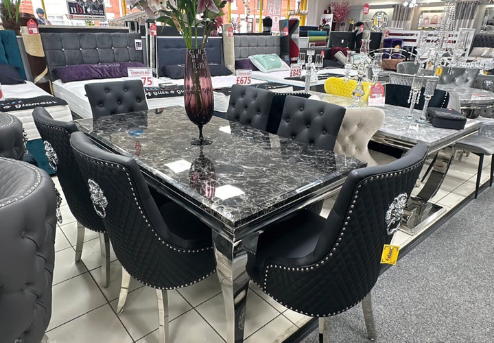 Louise Black Marble Dining Table + Black Leather Dining Chairs Lion knocker