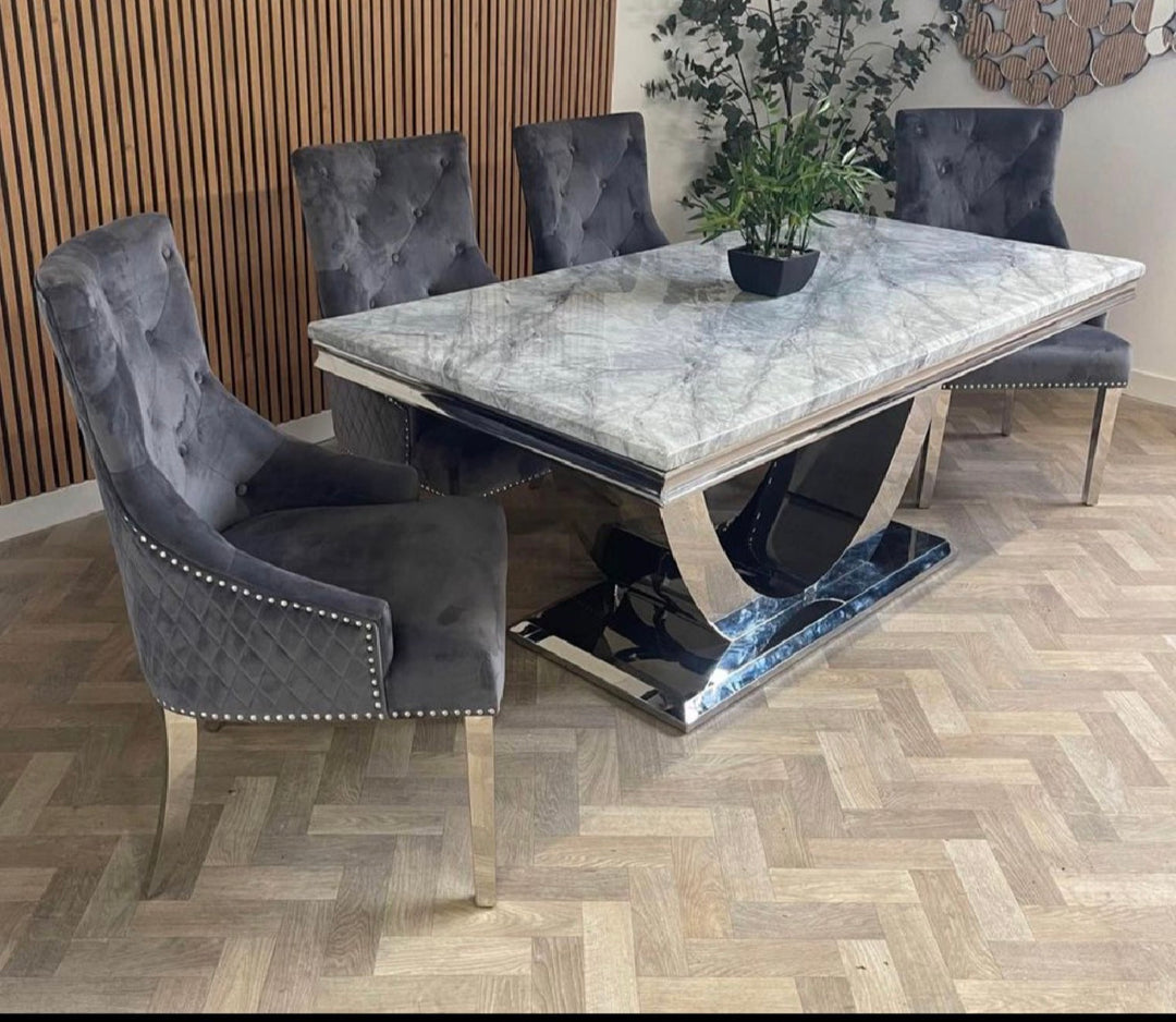 Denver Marble Dining Table Light Grey + Majestic Dining Chairs Lion Knocker