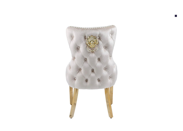 Rocco 180cm Cream Gold Dining Table With Victoria Cream Gold Lion knocker Dining Chairs