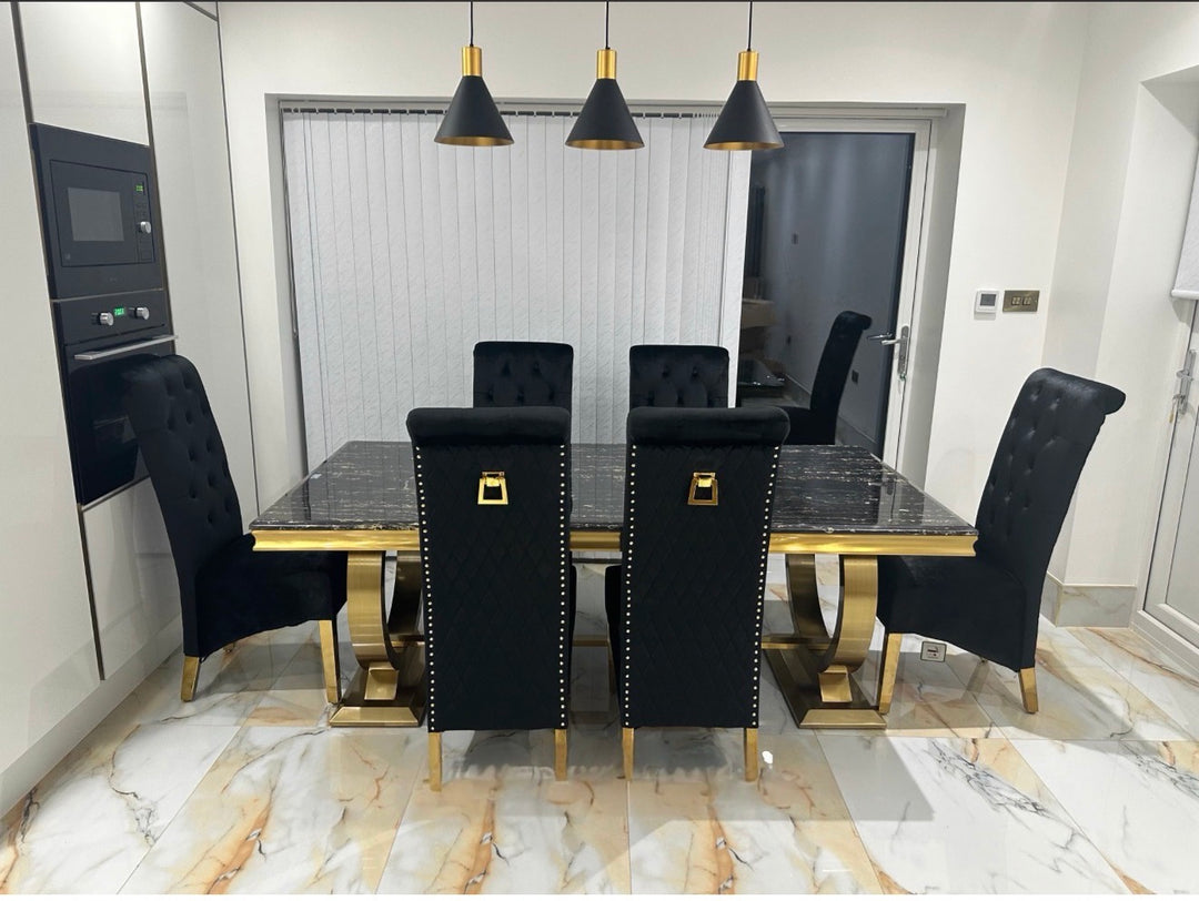 Arianna Gold Marble Dining Table + Sofia Black and Gold Dining chairs