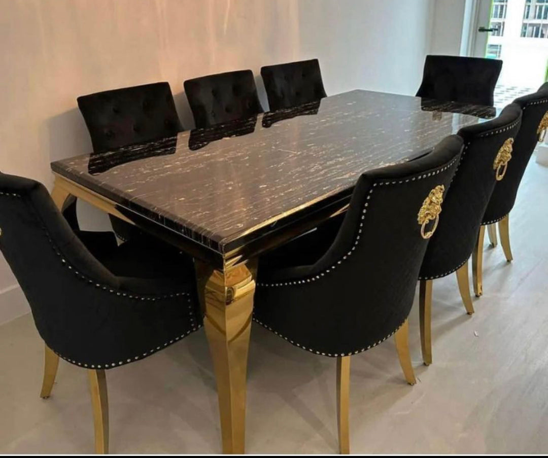 Louise Cream Marble Dining Table Gold + Gold Majestic Dining Chairs Lion knocker