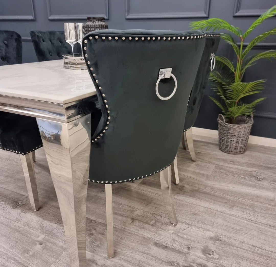 1.3M Chealse Round Marble Dining Set With Jessica Chairs Ring Knocker