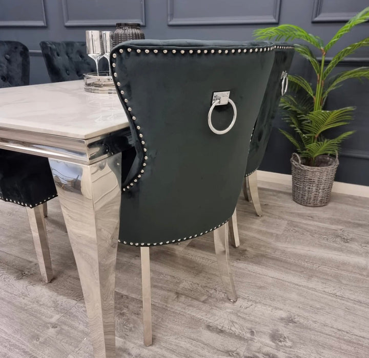 1.3M Chealse Round Marble Dining Set With Jessica Chairs Ring Knocker