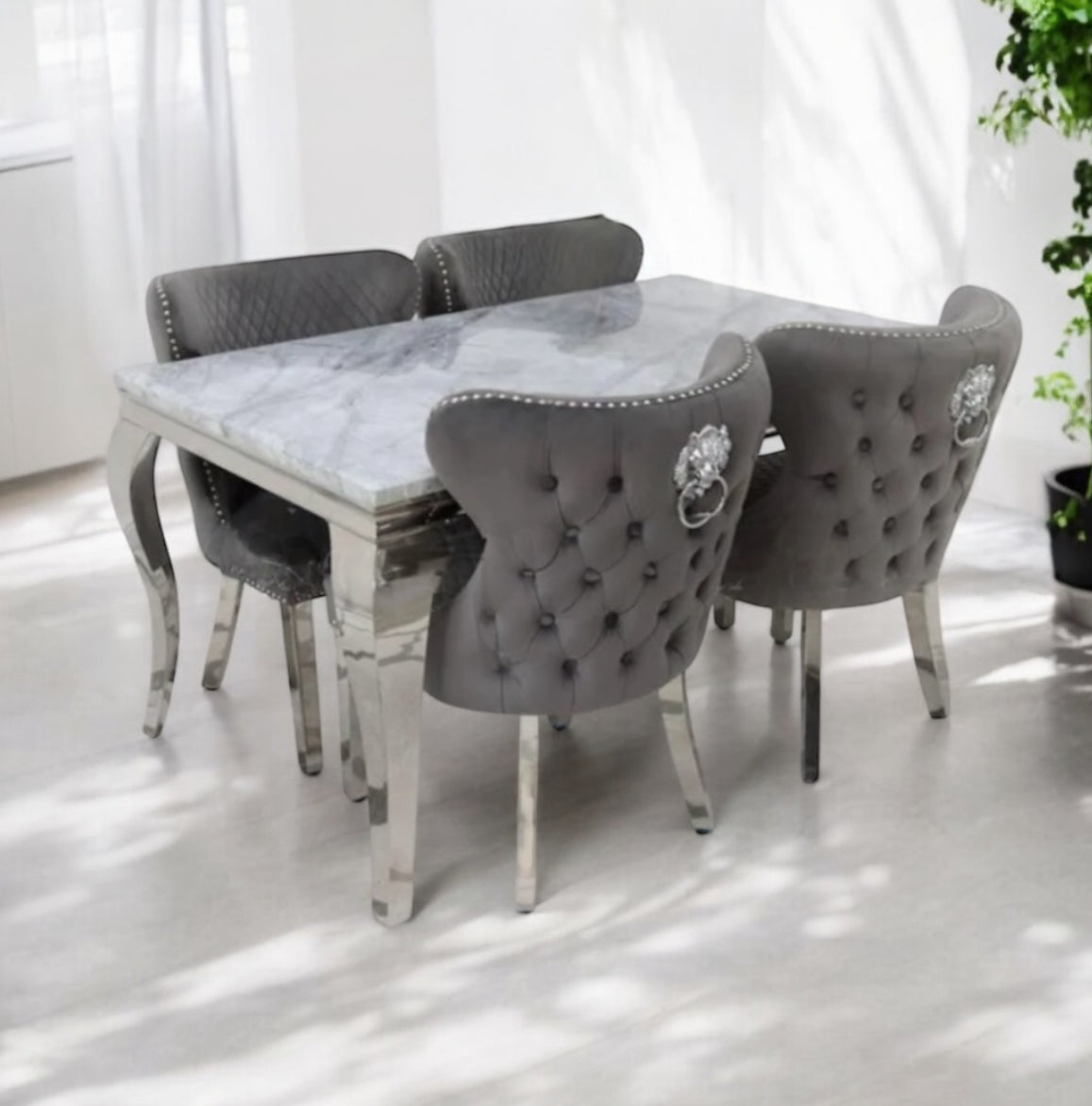 Louis Marble Dining Table With Valentino Dark Grey Lion knocker Chairs