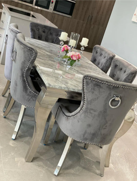 Louis 180cm Grey Marble Dining Table + Megan Dark Grey Knocker Plush Velvet Chairs