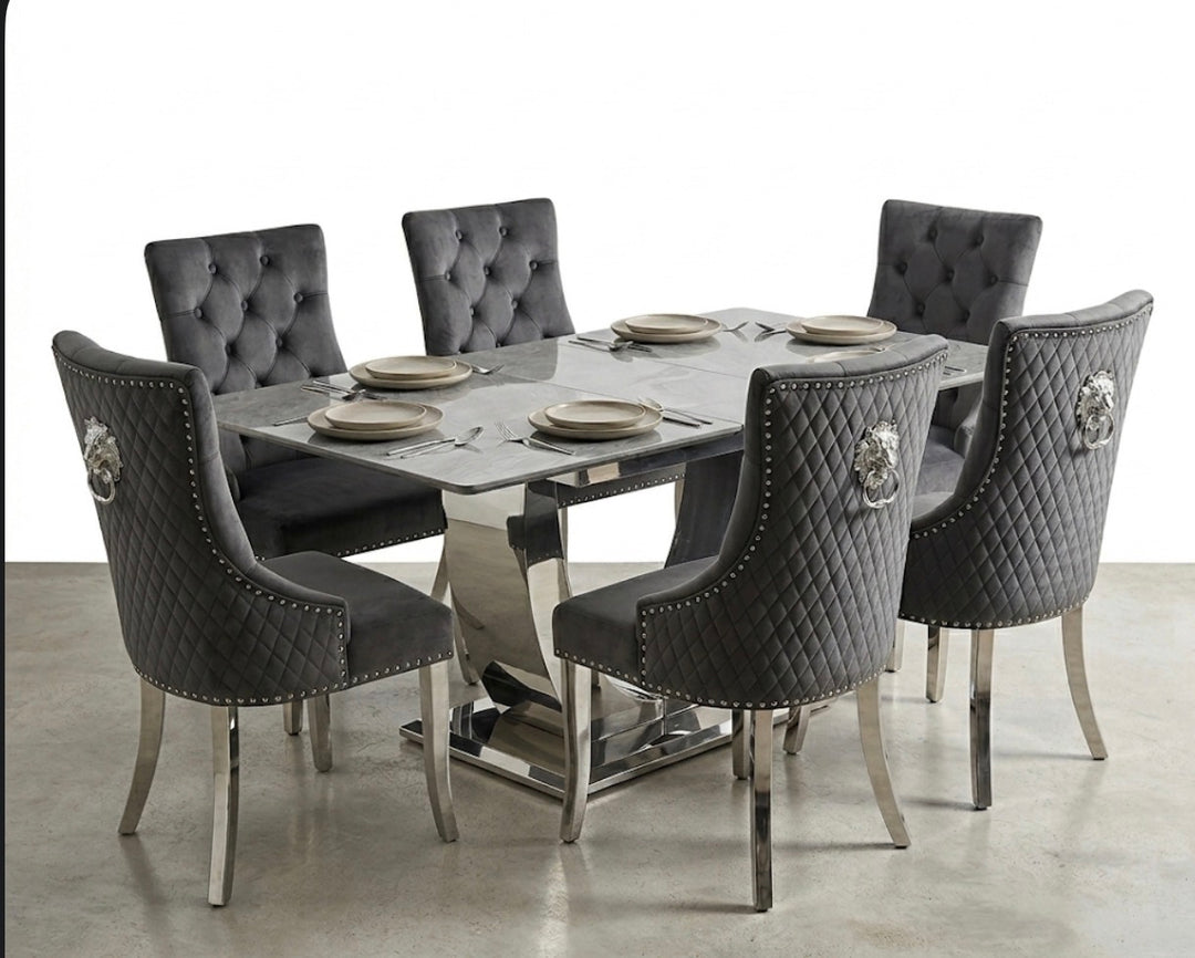London Grey Extendable Dining Table 1.2M–1.5M & 160cm -200cm with Majestic Dark Grey Dining Chairs Set